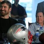 Foxborough, MA - 5-7-12 - Matt Light (cq) and Bill Belichick at Light's press conference where Light announced his retirement as left offensive guard from the New England Patriots, at The Hall at Patriot Place. (Globe staff photo / Bill Greene) section:sports, reporter:benbow, Topic: Patriots